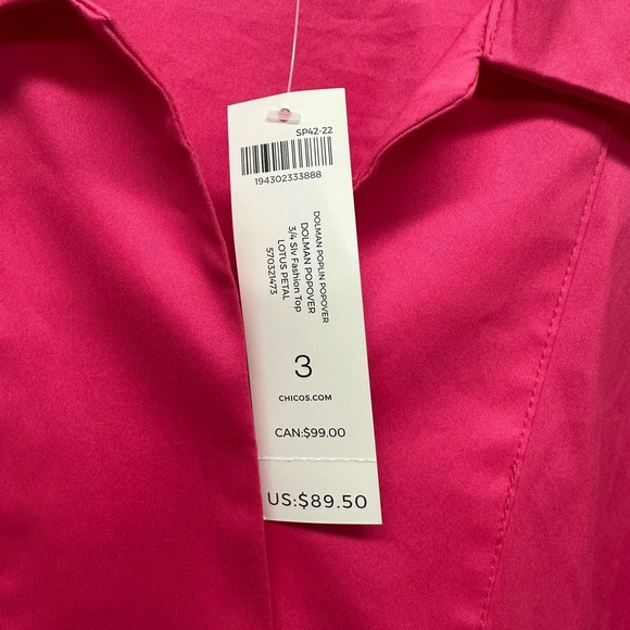 Chico's Women’s XL 3 Top Shirt 3/4 Sleeve V Neck Dolman Popover Pink Poplin - Picture 2 of 7